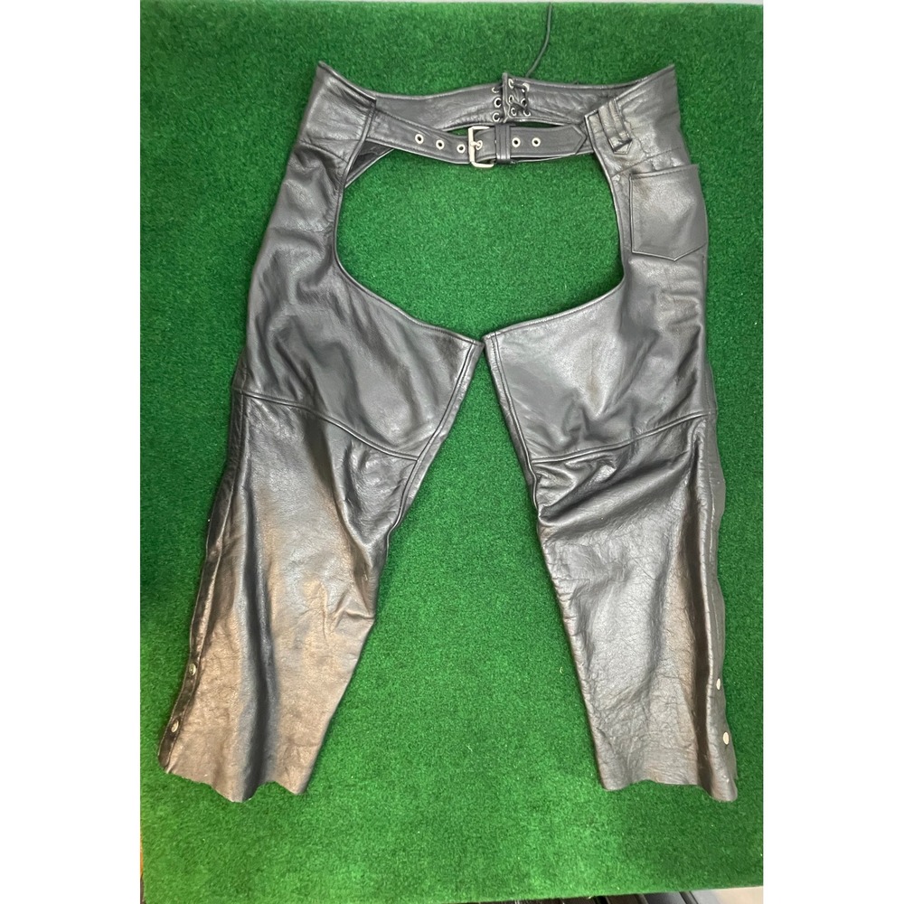 FMC Mens Black Leather Motorcycle Chaps XL Biker Western Riding Gear Adjustable